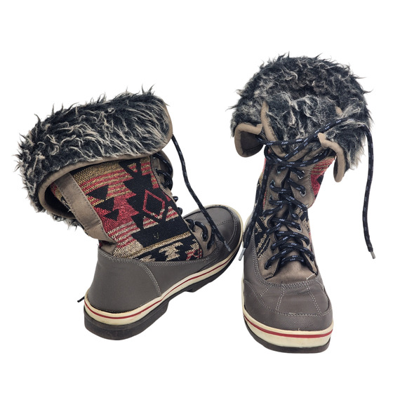 Aztec Print Snow Boots Warm Faux Fur Women Size 6/7 Boho Cozy Winter W22750 - Picture 3 of 16